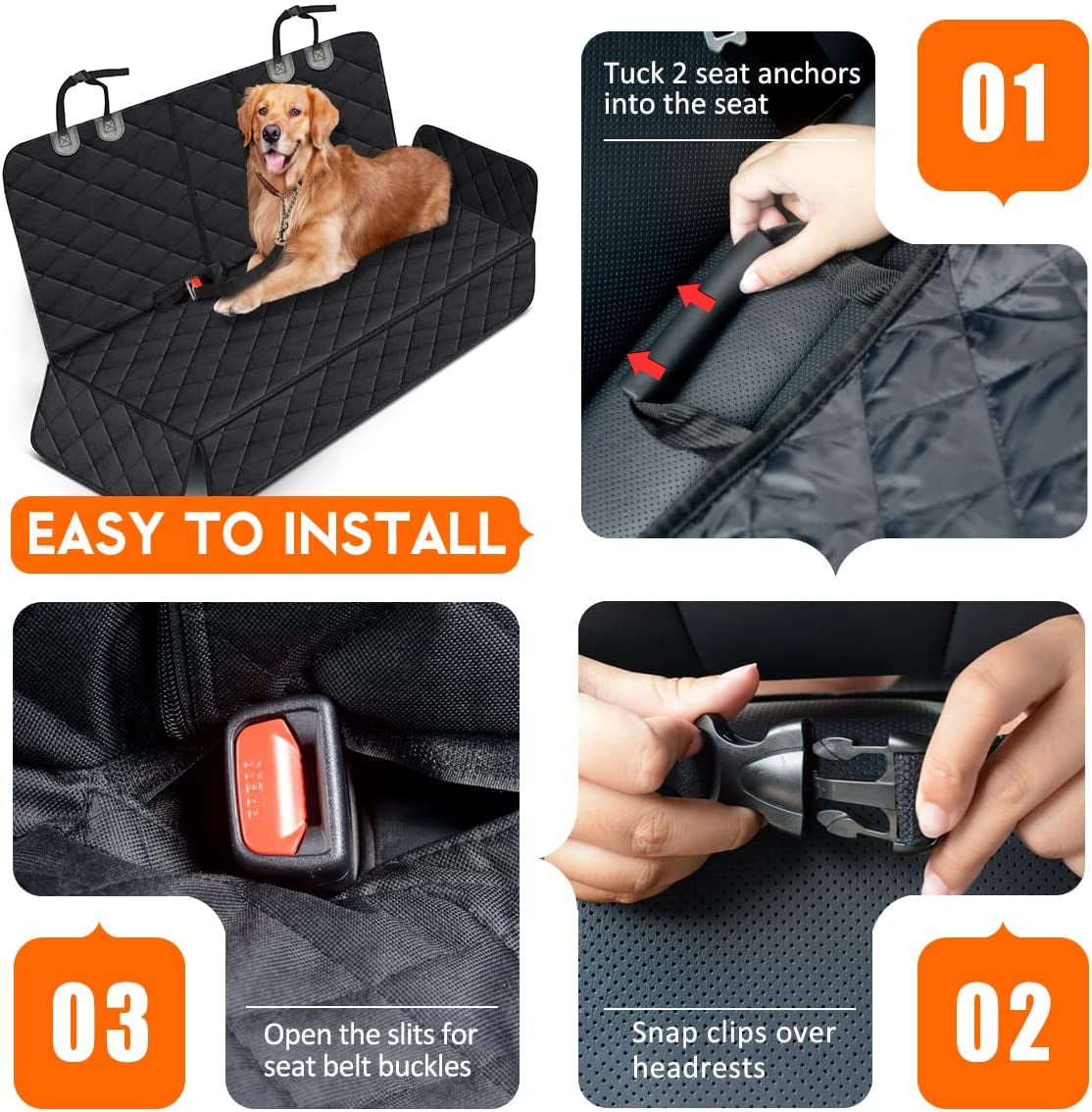 Dog Car Seat Cover - Waterproof Back Seat Protector for Pets, Non-Slip Design, Fits Most Cars, Trucks, and SUVs - Black